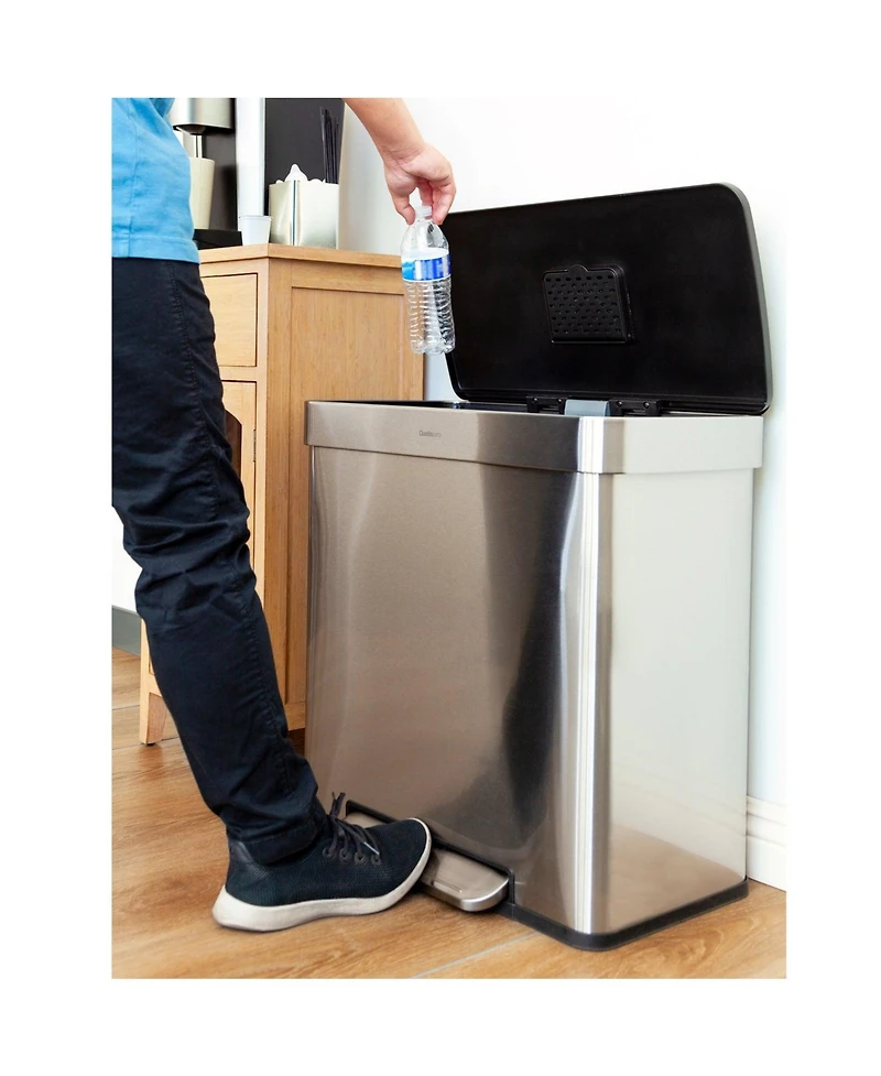 Qualiazero 60L / 16 Gal (30L/8 Gal Split) Rectangular Recycle Step Can - Stainless Steel with Black Plastic Lid