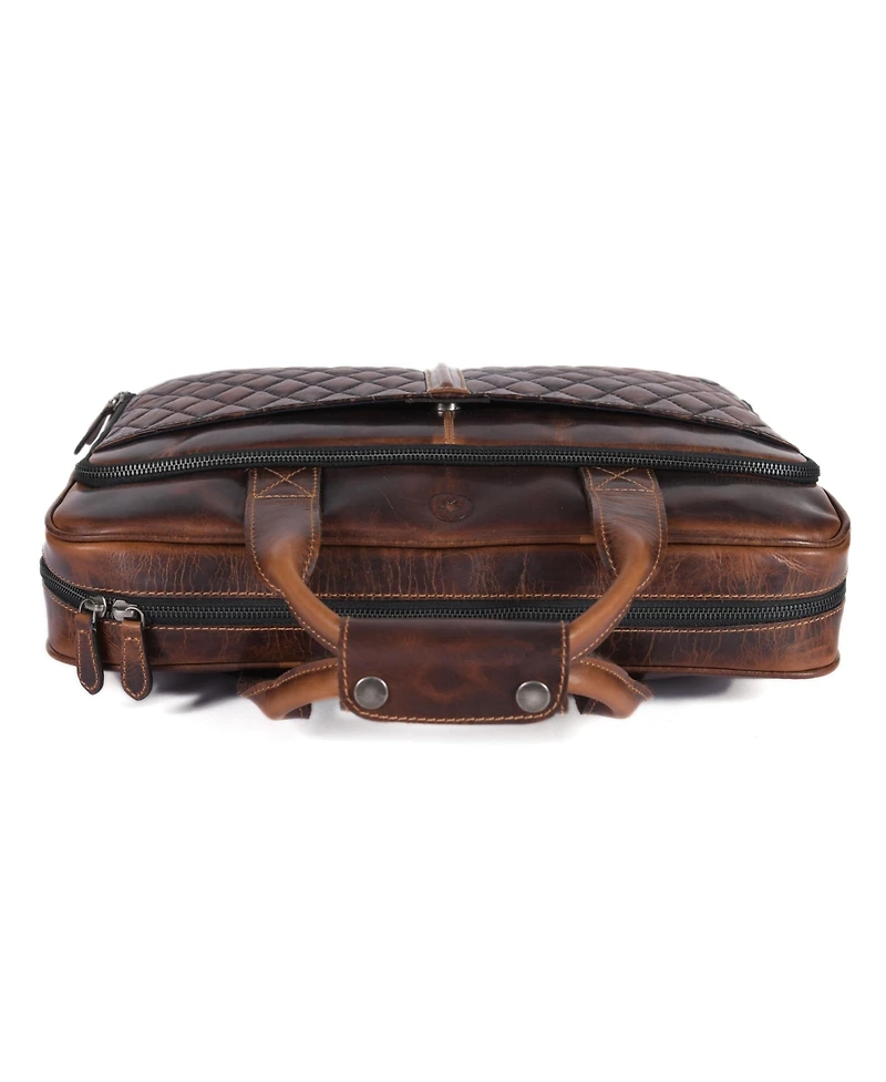 Aaron Leather Goods Quilted Full-Grain Leather Laptop Briefcase with Dual Zipper Compartments, Organizer Panel, and Padded Laptop Sleeve