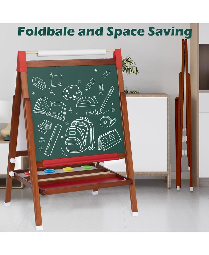 26" Wide 3 in 1 Kids Easel Height Adjustable Art Easel with Chalkboard, Whiteboard & Paper Roll