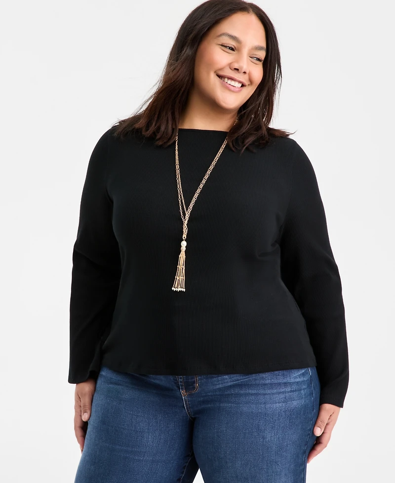 On 34th Trendy Plus Rib-Knit Boat-Neck Bell-Sleeve Top, Macy's Exclusive