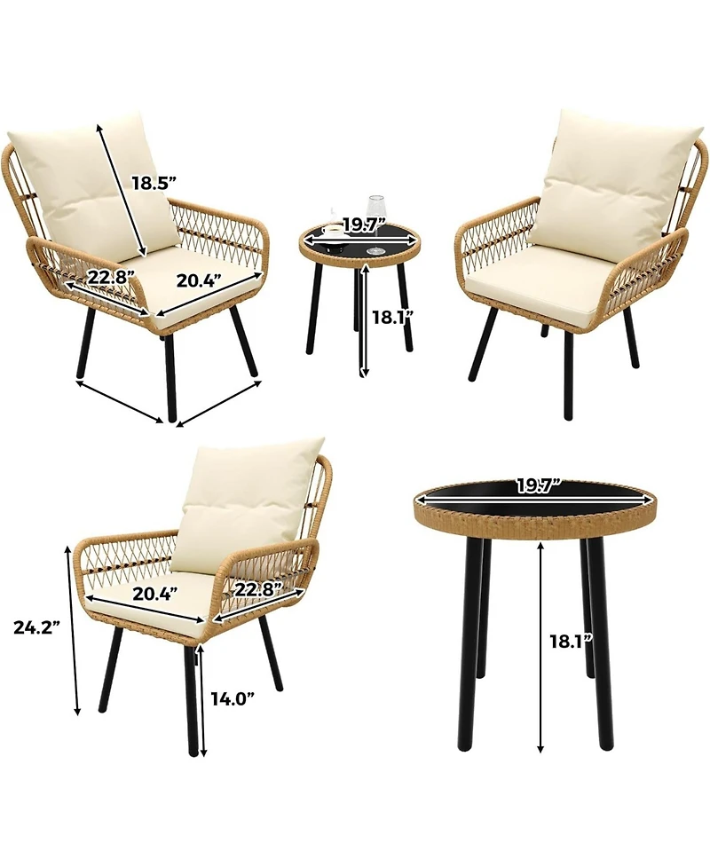 gaomon 3 Piece Patio Bistro Set, Outdoor Wicker Conversation Set with Round Glass Top Coffee Table and Cushioned Chair, All-Weather Rattan Patio Furni