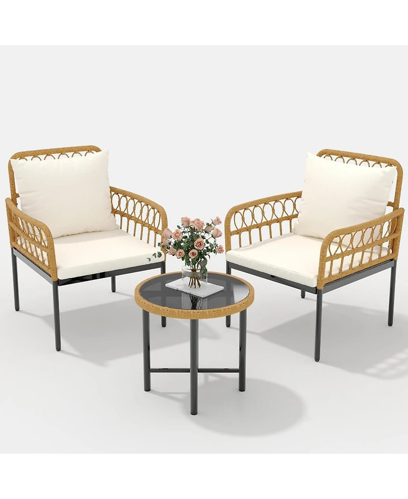 gaomon 3 Pieces Wicker Patio Bistro Sets Outdoor Conversation Sets with Glass Top Side Table and 2 Modern Rattan Chairs, Patio Furniture Set for Apart