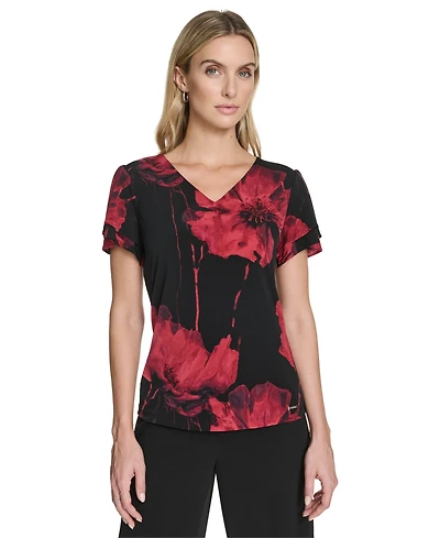 Calvin Klein Women's Short Sleeve V-Neck Printed Top