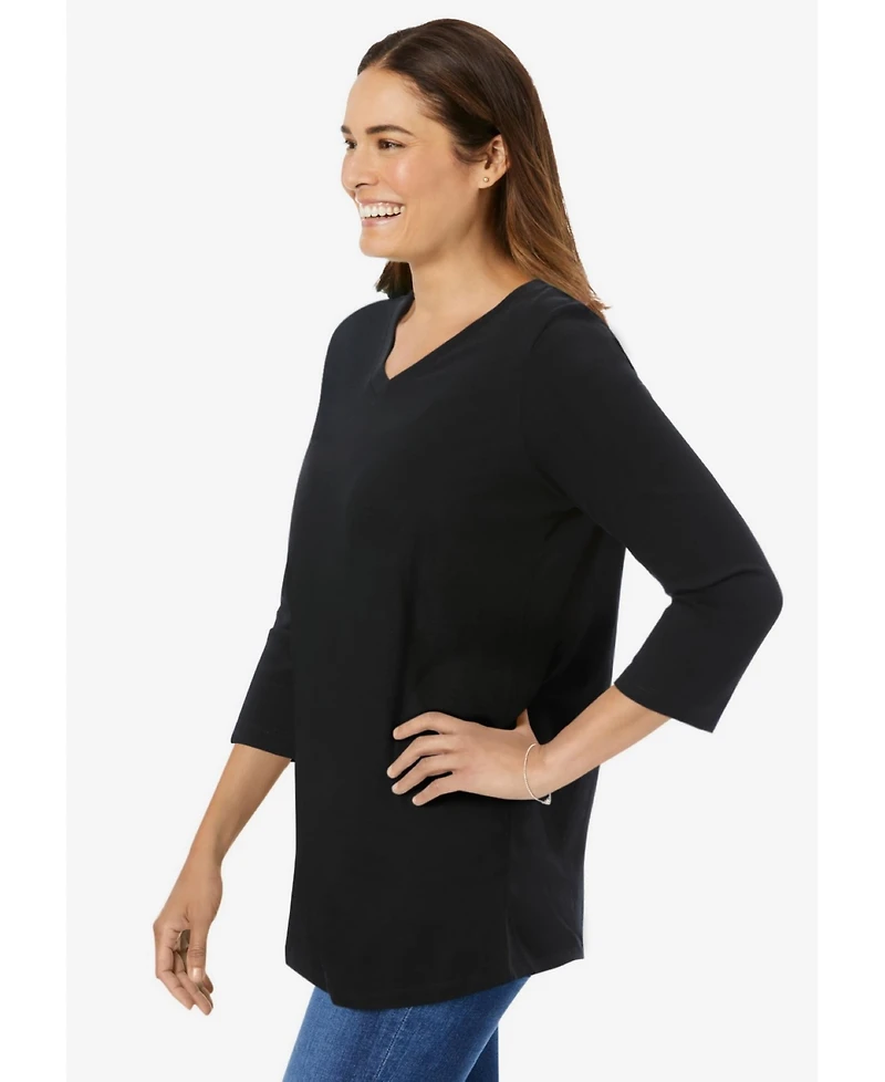 Woman Within Plus Perfect Three-Quarter Sleeve V-Neck Tee