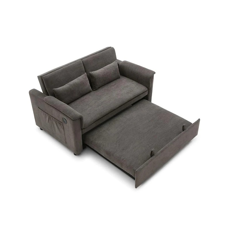 Maison Boucle 55" Velvet Loveseat Sofa Bed with Usb Ports, Adjustable Backrest & Pull-Out Sleeper Storage Pockets Pillows-Maison
