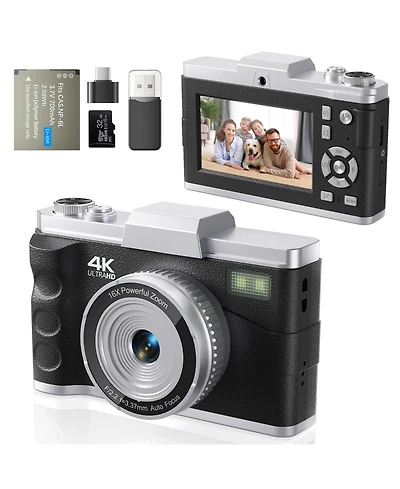 64MP Digital Camera with 4K Video, 16X Zoom, Flip Screen, Autofocus, Type-c Charging, and 32GB Card