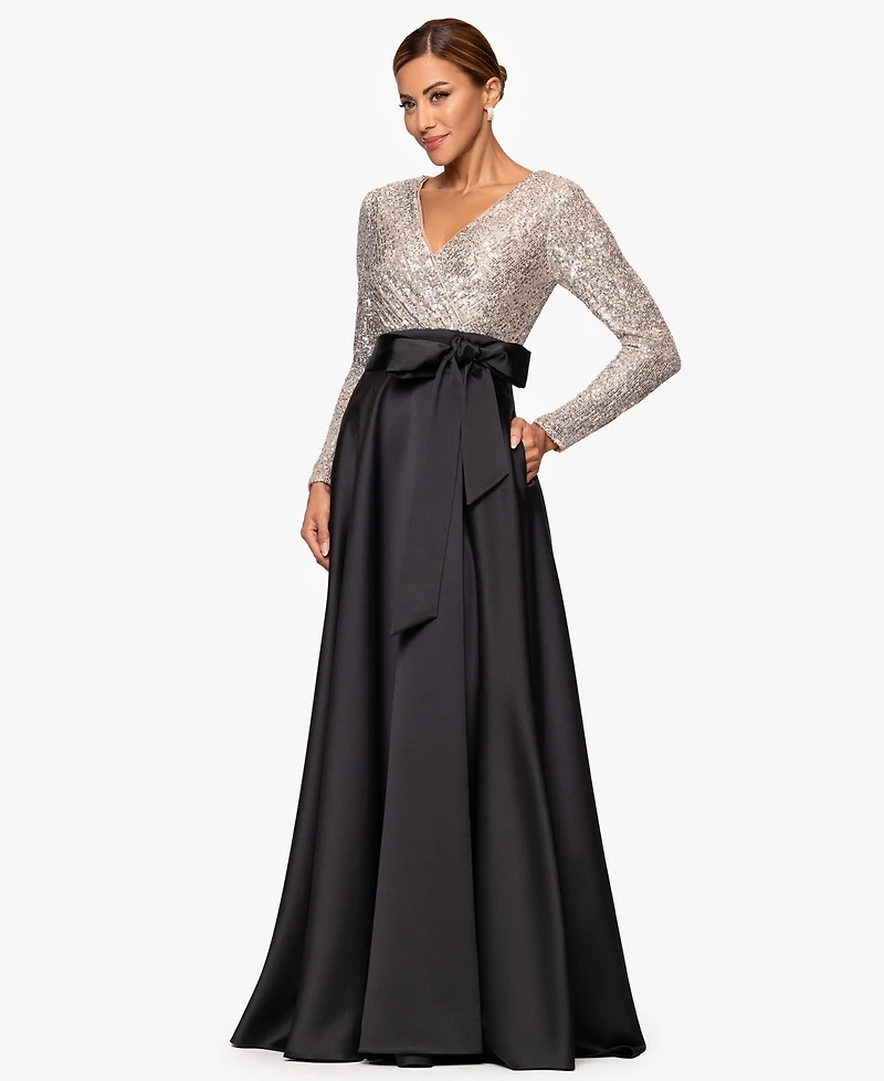 Xscape Women's Sequinned Long Sleeve Ballgown Dress