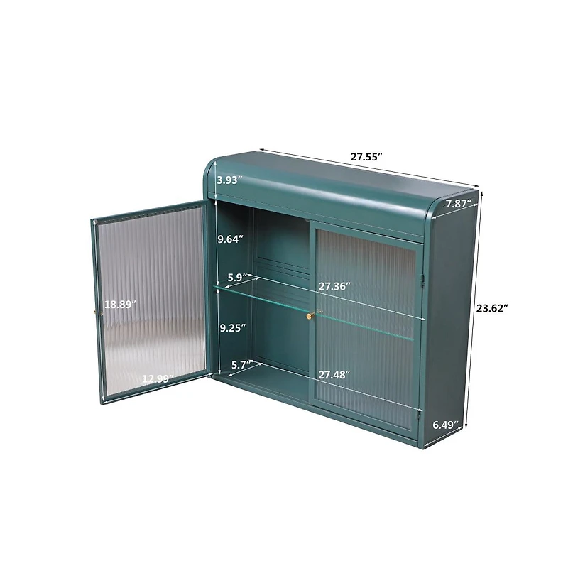 Chic Crate-Army Green 2-Door Wall-Mounted Metal Cabinet Tempered Glass Shelves | Multi-Room | Bath, Kitchen, Office