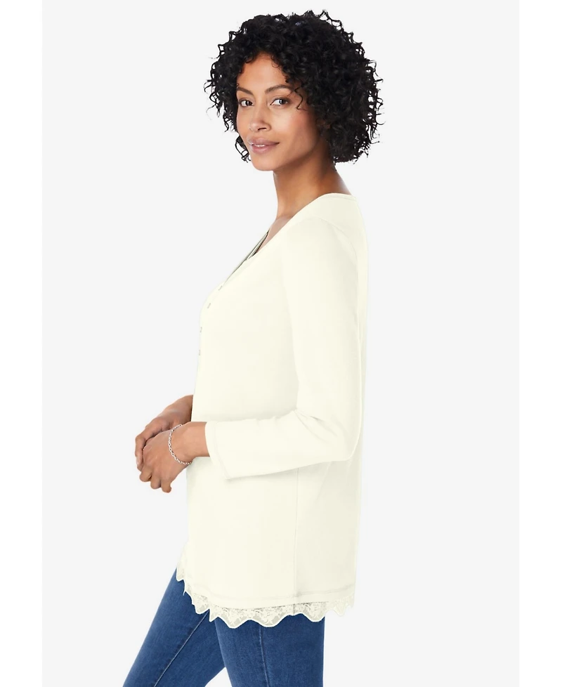 Woman Within Women's Layered-Look Lace Trim Tee