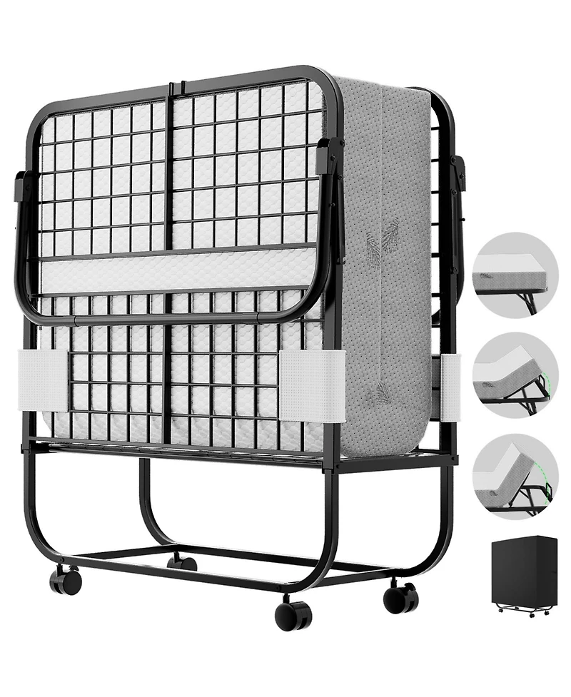 Folding Bed with Mattress, 75" x 31" Rollaway Bed with 6 Height Adjustable Options