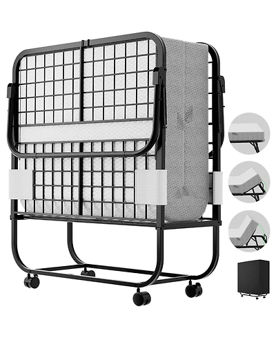 Folding Bed with Mattress, 75" x 31" Rollaway Bed with 6 Height Adjustable Options