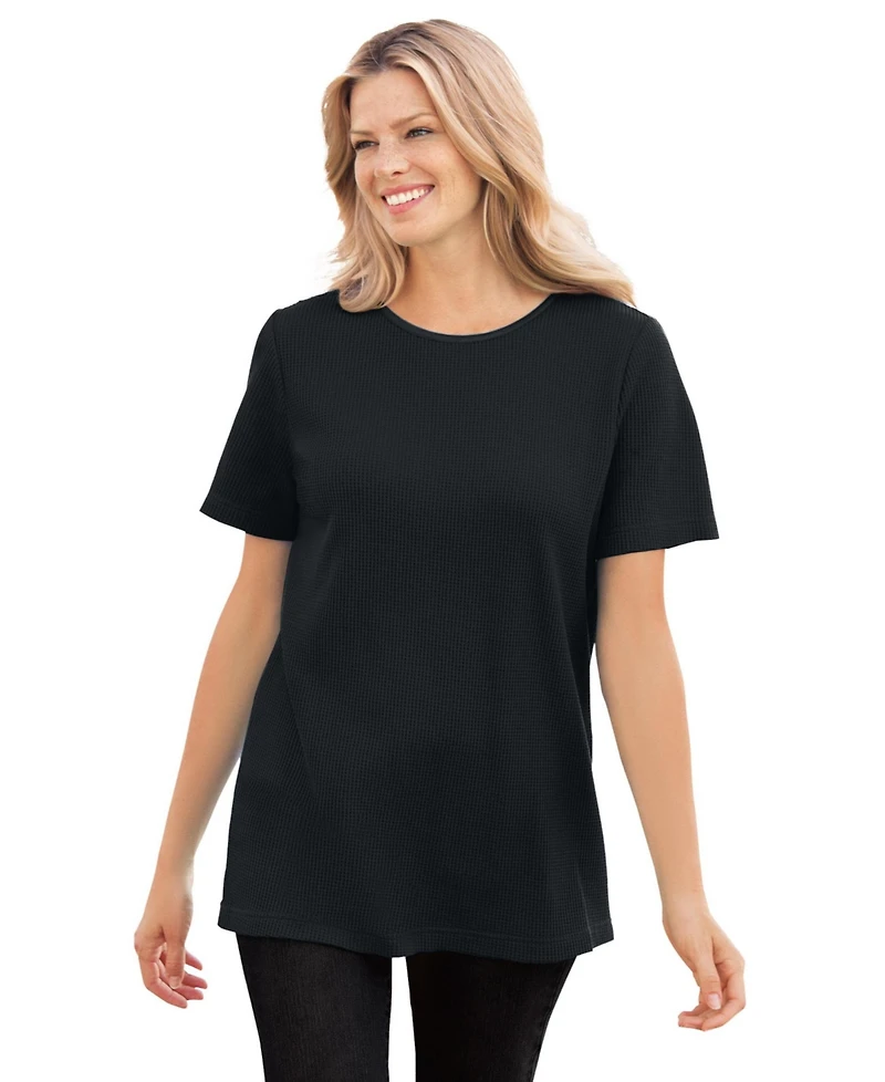 Woman Within Plus Waffle Thermal Satin Trim Tee