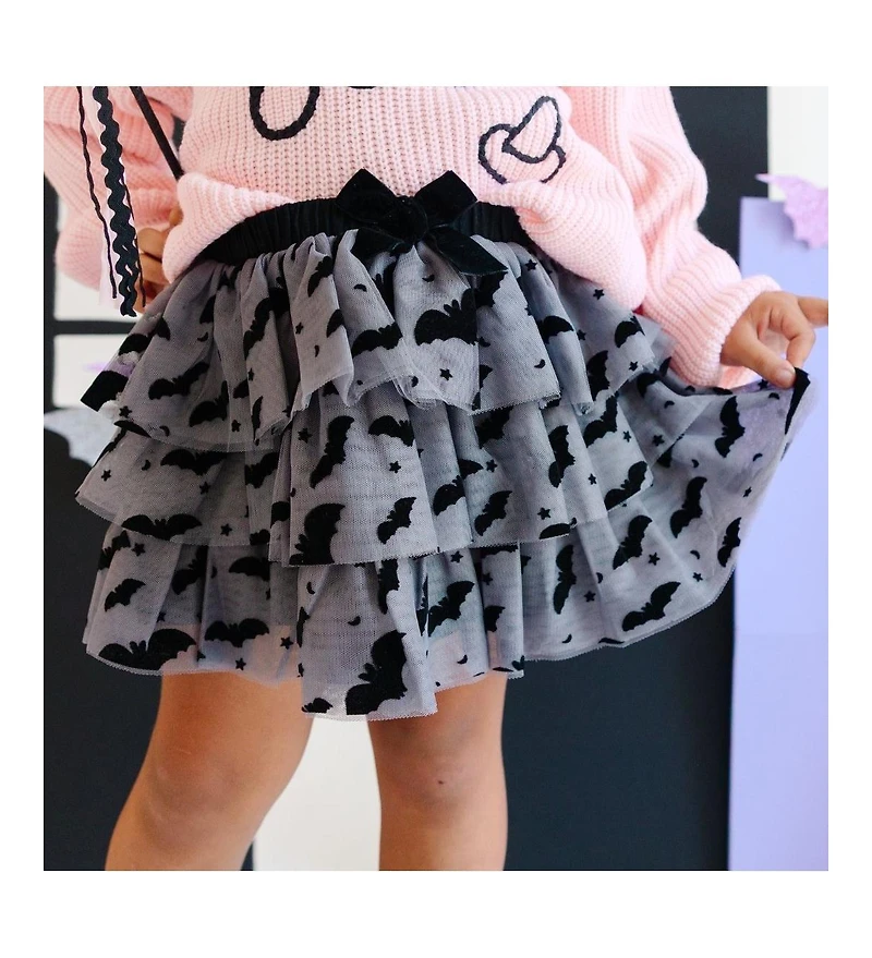 Sweet Wink Little and Big Girls Flocked Bats Halloween Bow Tiered Tutu Skirt
