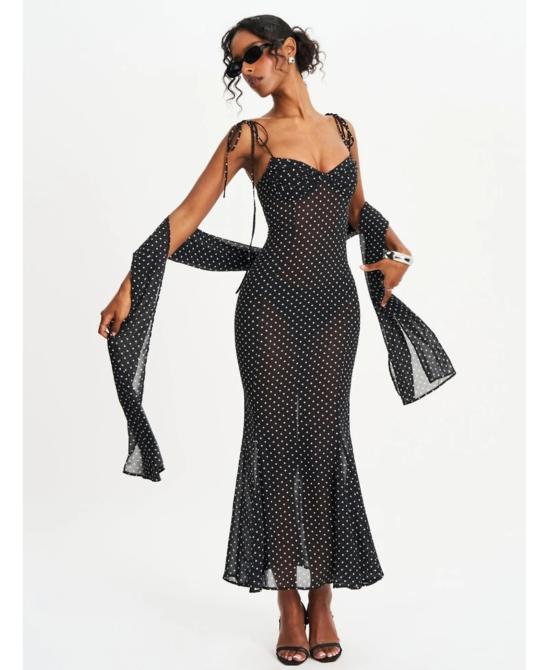 Miss Circle Women's Yadira Black Base Polka Dot Chiffon Maxi Dress