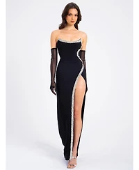 Miss Circle Women Xoana Black Crystal Embellished High Slit Gown
