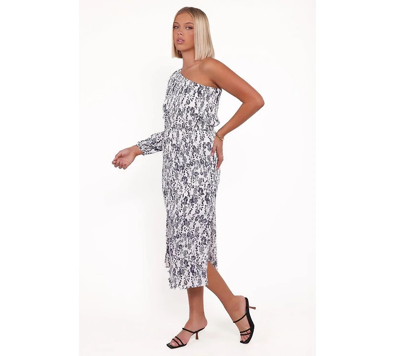 Petal and Pup Pontee One Shoulder Pleated Midi Dress - Navy Floral