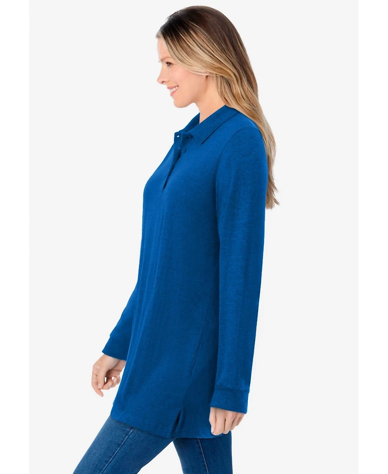 Woman Within Plus Long-Sleeve Polo Shirt