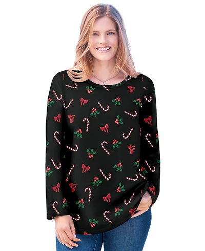 Woman Within Plus Perfect Printed Long-Sleeve Crewneck Tee
