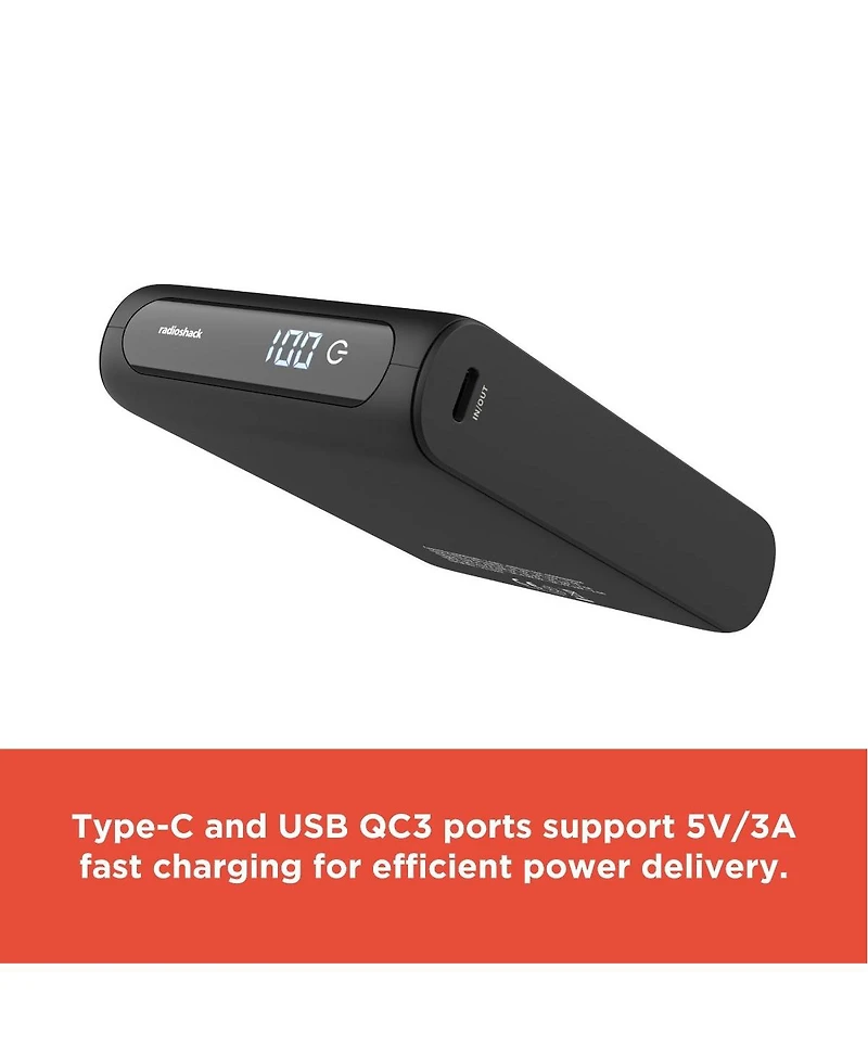 RadioShack Portable Battery Powerbank Charger 20,000 mAh 74 Wh Usb A and Usb C 20W With Led Display Black 2309276