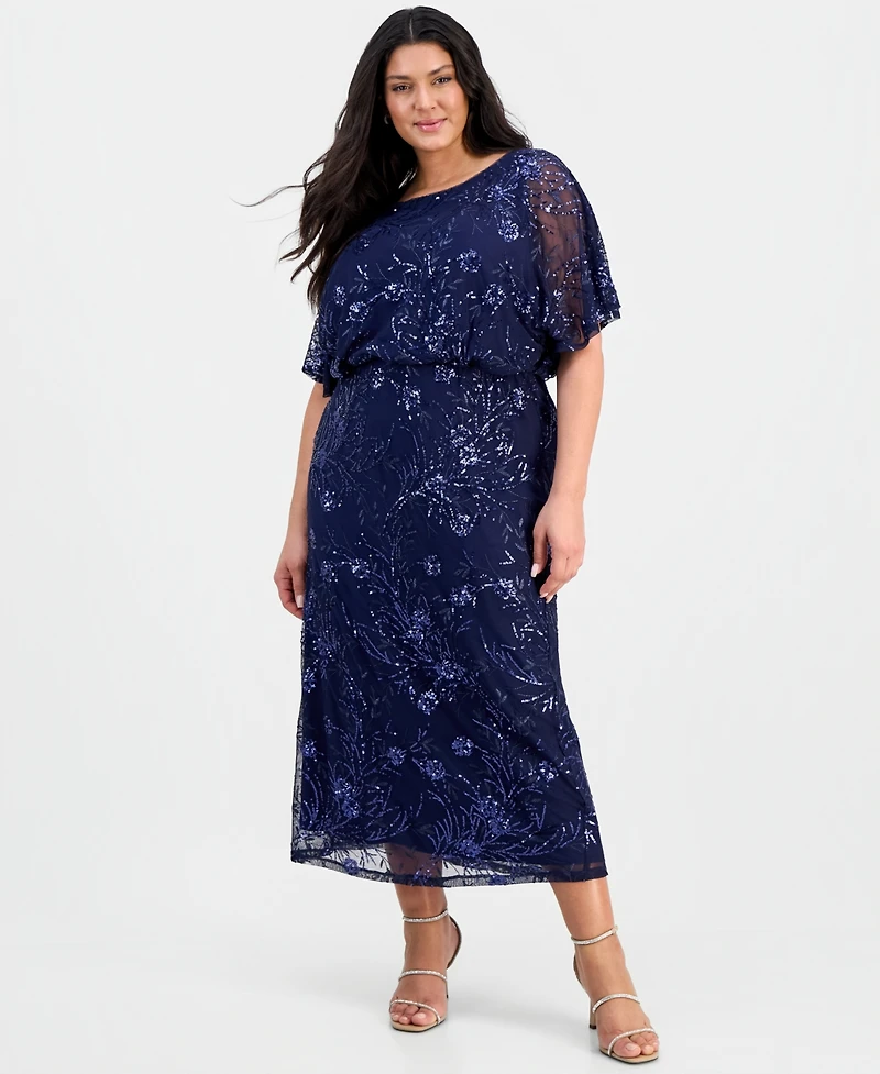 Sl Fashions Plus Round-Neck Blouson Sequin Dress