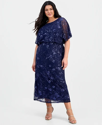 Sl Fashions Plus Round-Neck Blouson Sequin Dress