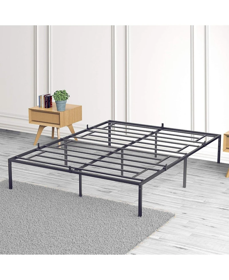 14 Inch Metal Queen Bed Frame with Rounded Corner, Heavy Duty Non-Slip Bed Frame with Steel Slats, No Box Spring Required Noise-Free Easy Assembly, 9-