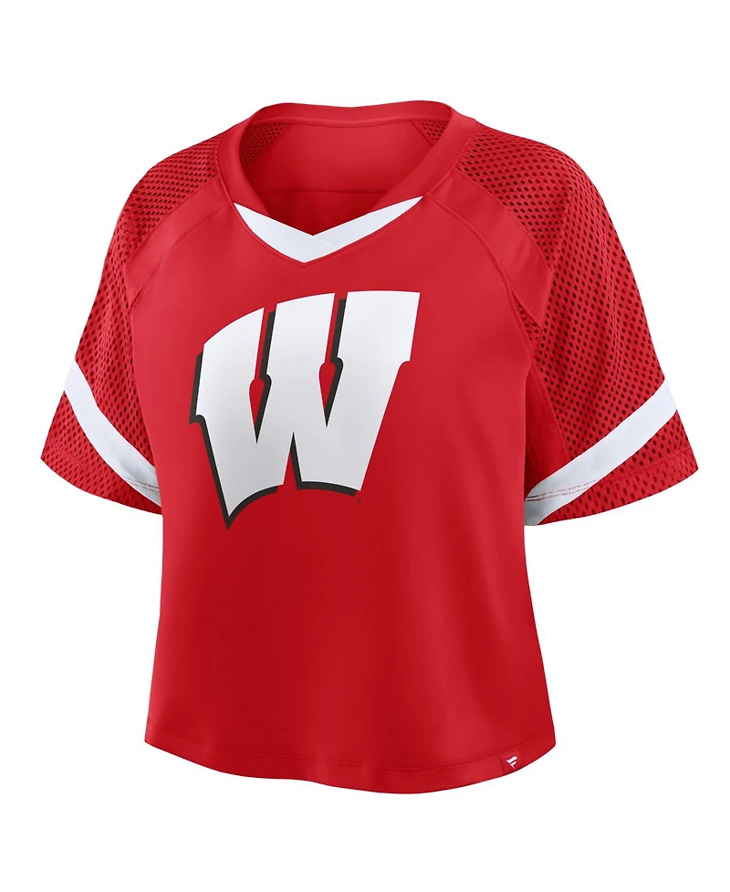 Fanatics Women's Red Wisconsin Badgers Oversized Raglan V-Neck Fashion Jersey