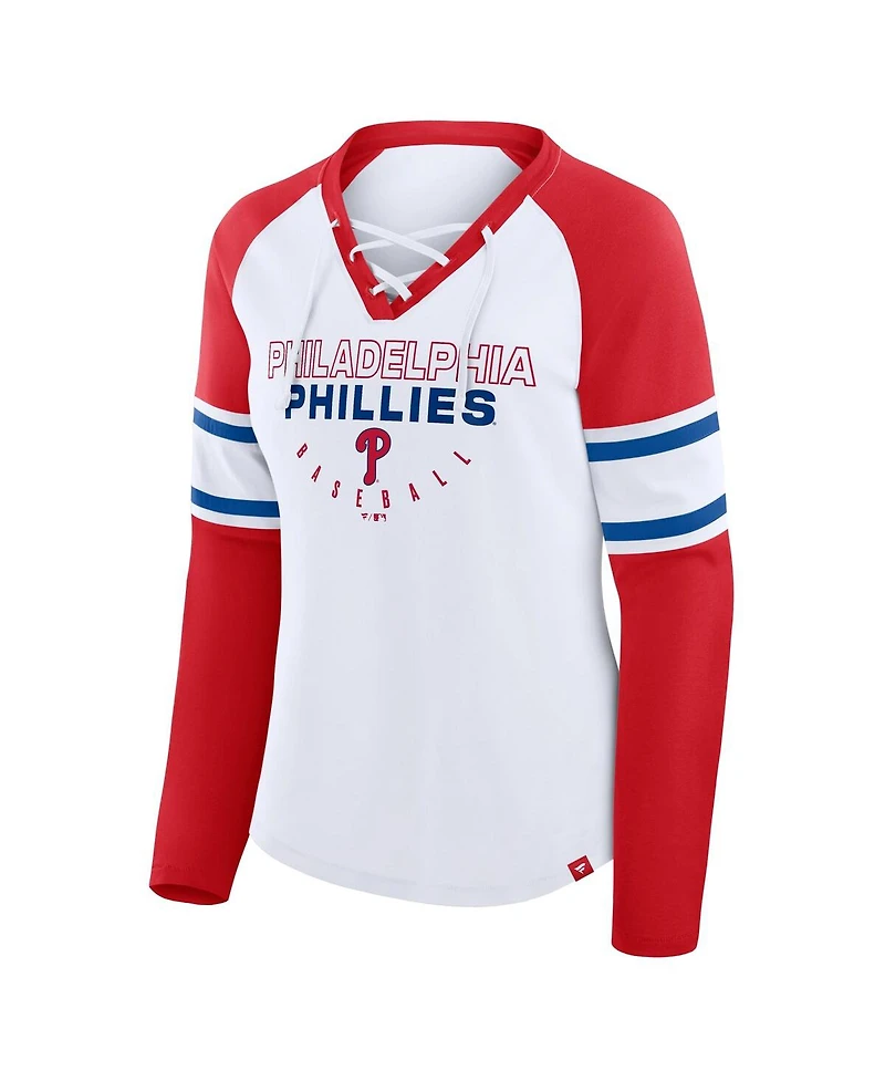 Fanatics Women's White/Red Philadelphia Phillies Blitz Package Raglan Lace-Up V-Neck Long Sleeve T-Shirt