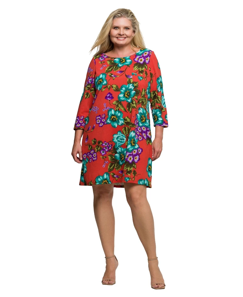 24seven Comfort Apparel Plus Orange Floral Print Three Quarter Sleeve A Line Knee Length Dress
