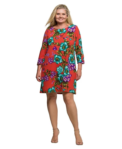 24seven Comfort Apparel Plus Orange Floral Print Three Quarter Sleeve A Line Knee Length Dress