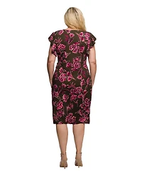 24seven Comfort Apparel Plus Brown and Pink Floral Flutter Sleeve Wrap Dress