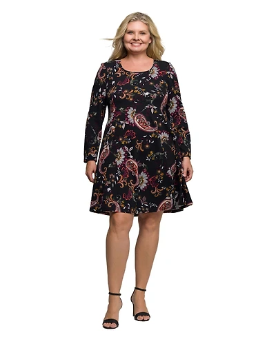 24seven Comfort Apparel Plus Black Paisley Print Long Sleeve Fit and Flare Dress