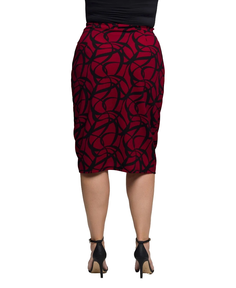 24seven Comfort Apparel Plus Burgundy Print Ruched Knee Length Skirt