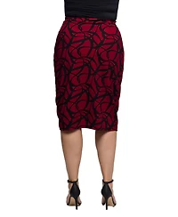 24seven Comfort Apparel Plus Burgundy Print Ruched Knee Length Skirt