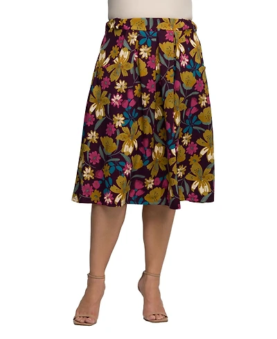 24seven Comfort Apparel Plus Purple Floral Elastic Waist Pocket Midi Skirt