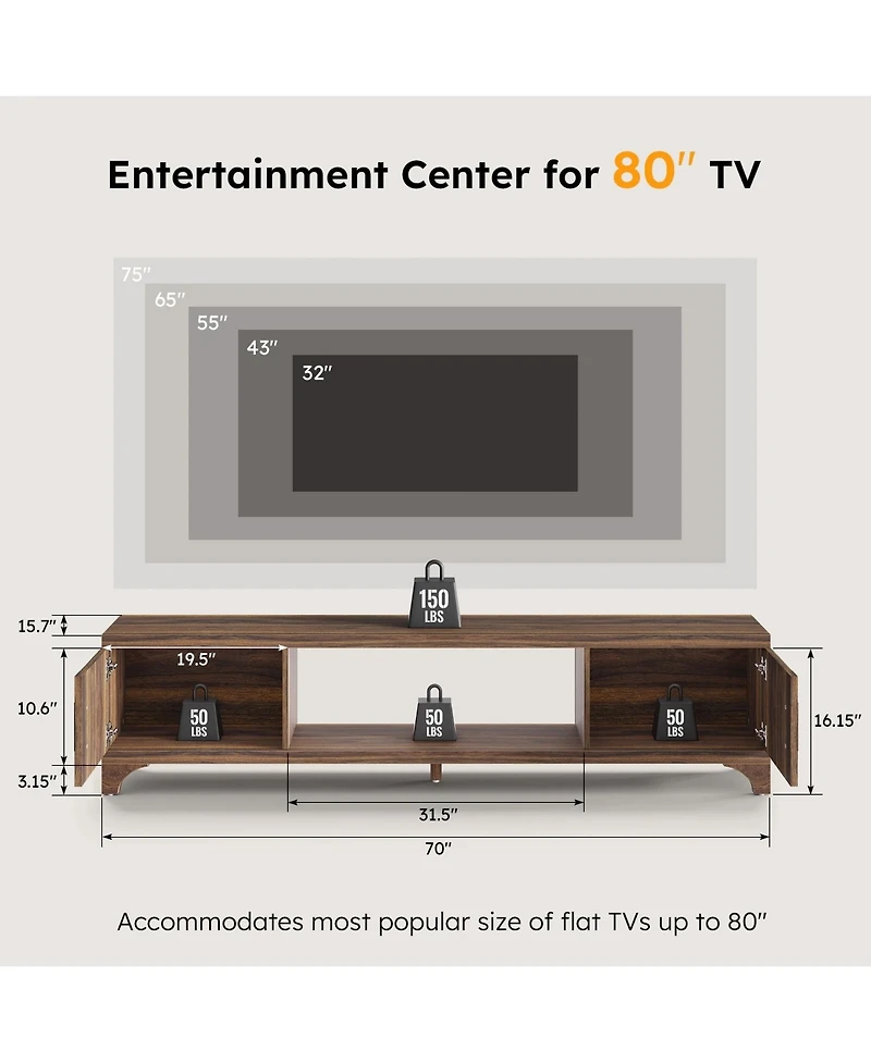 70-Inch Modern Tv Stand Mid-Century Entertainment Center with Storage for 65"/75" TVs