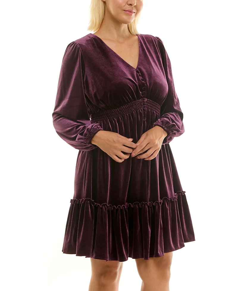 Taylor Plus V-Neck Long-Sleeve Smocked-Waist Velvet Dress