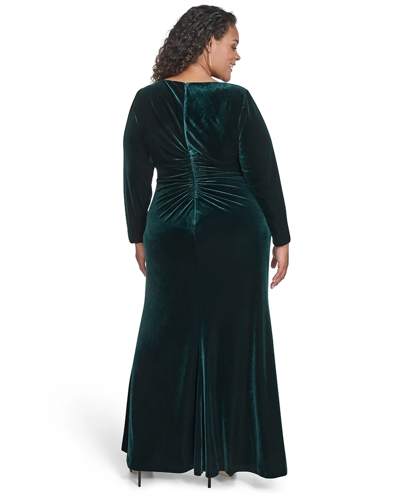 Eliza J Plus Side Ruched Jewel Neck Long Gown