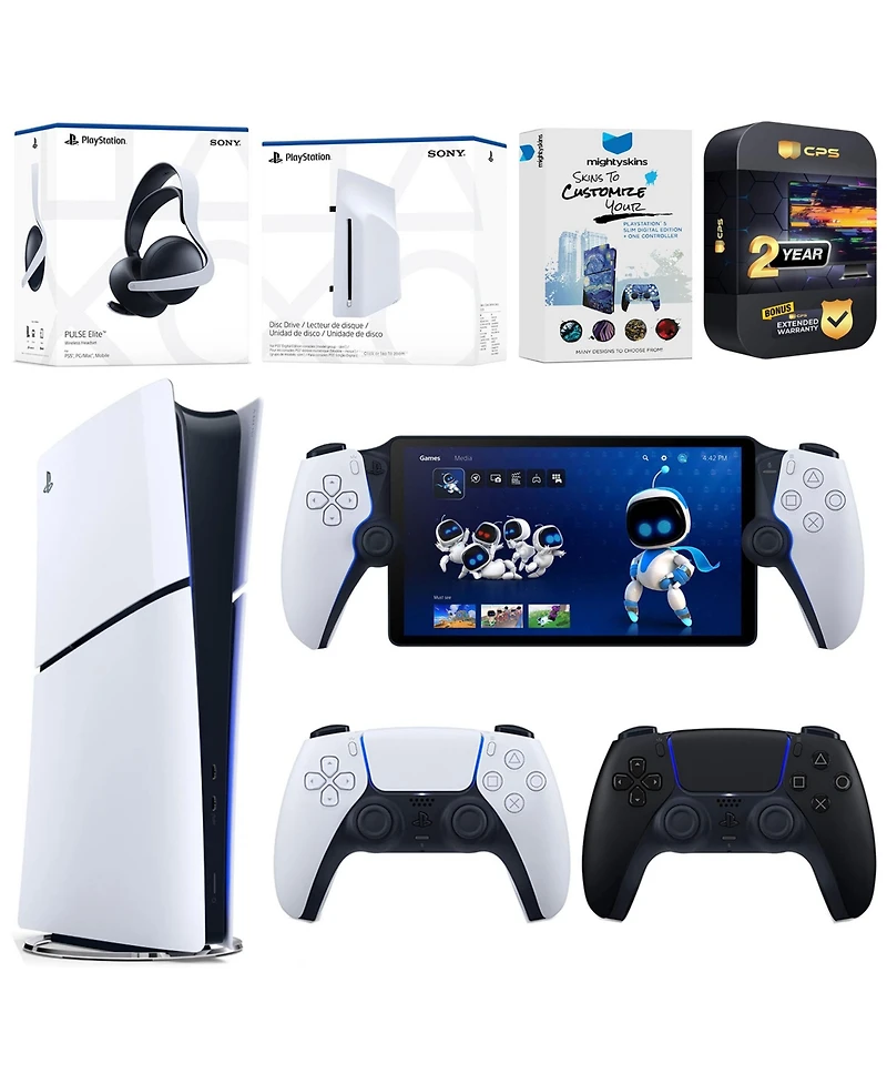 Sony PlayStation 5 Slim Digital Bundle with Disc Drive, Extra Controller, Pulse Elite Headset, Portal, MightySkins Voucher and 2 Year Exte