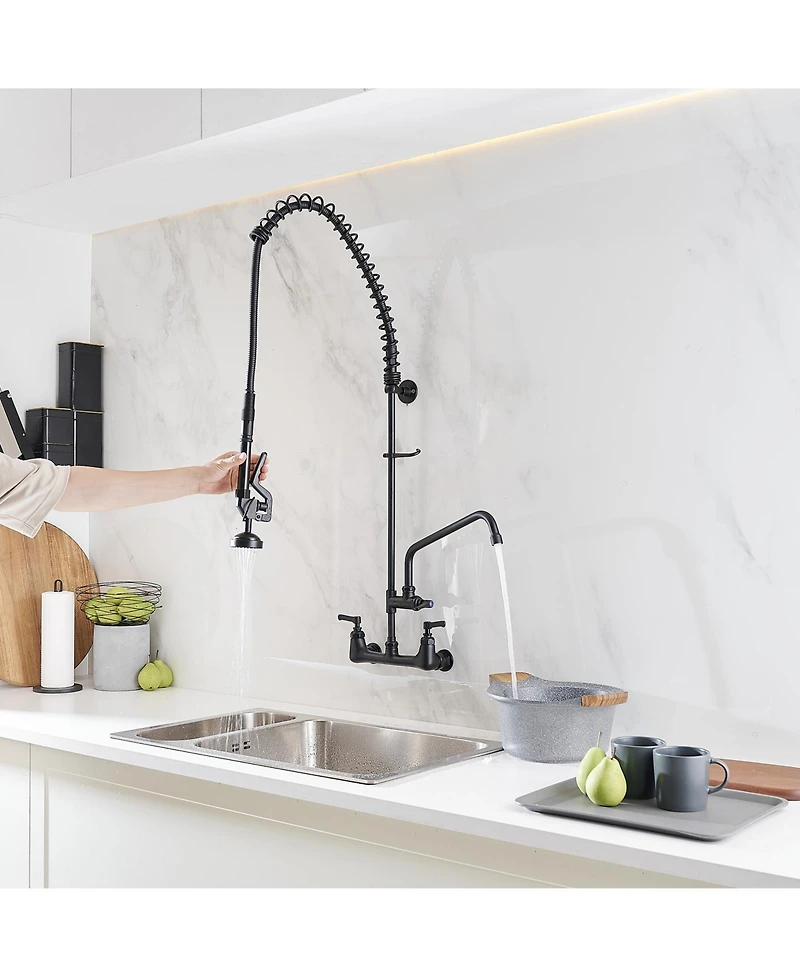 Greenspring Commercial Restaurant Pull Down 2-Handle Wall Mount Pre-Rinse Spray Utility Kitchen Faucet Matte Black