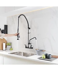 Greenspring Commercial Restaurant Pull Down 2-Handle Wall Mount Pre-Rinse Spray Utility Kitchen Faucet Matte Black