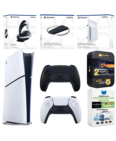 Sony PlayStation 5 Slim Digital Bundle with Disc Drive, Extra Controller, Pulse Elite Headset, Vertical Stand, MightySkins Game Collection Services an