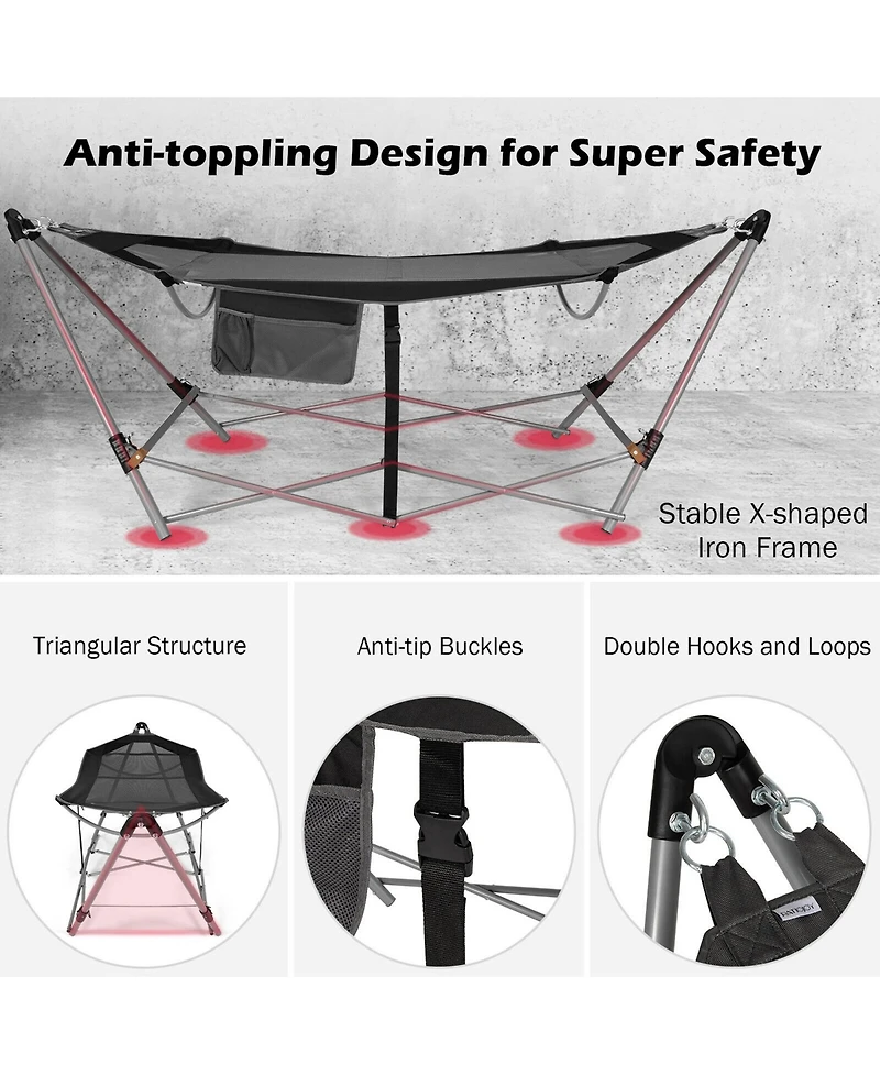 Gymax Folding Hammock Indoor & Outdoor with Side Pocket Iron Stand