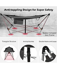 Gymax Folding Hammock Indoor & Outdoor with Side Pocket Iron Stand