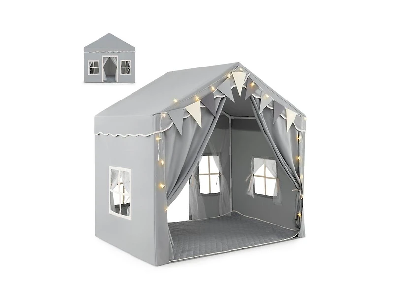 Large Play Tent House for 3-4 Kids with 2 Doors & Star Lights – Gray