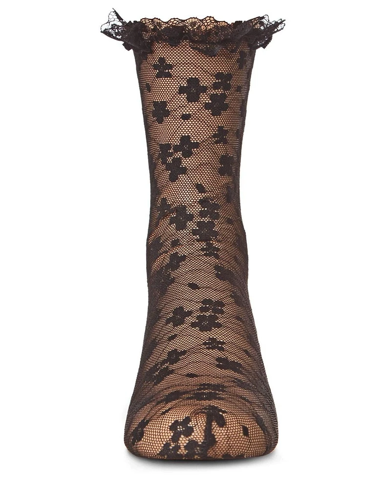 Memoi Little Girls Lace-Trim Lettuce-Edge Floral Net Ankle Sock