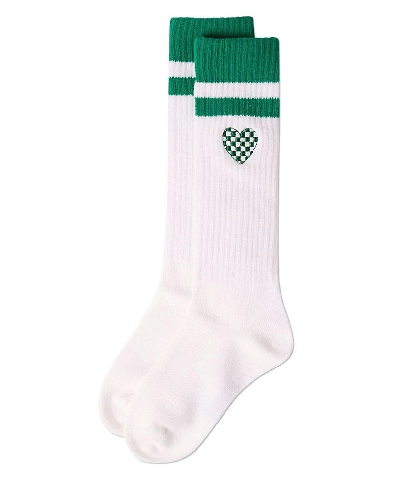 Memoi Little Girls Ribbed Varsity Stripe "Checkered Heart" Cotton Rich Knee Sock