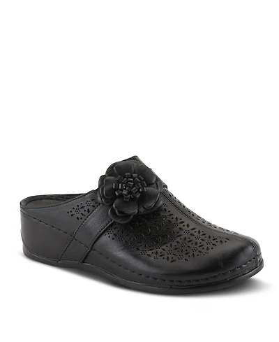Spring Step Lilybean Leather Perforated Clogs with Floral Applique and Open Back