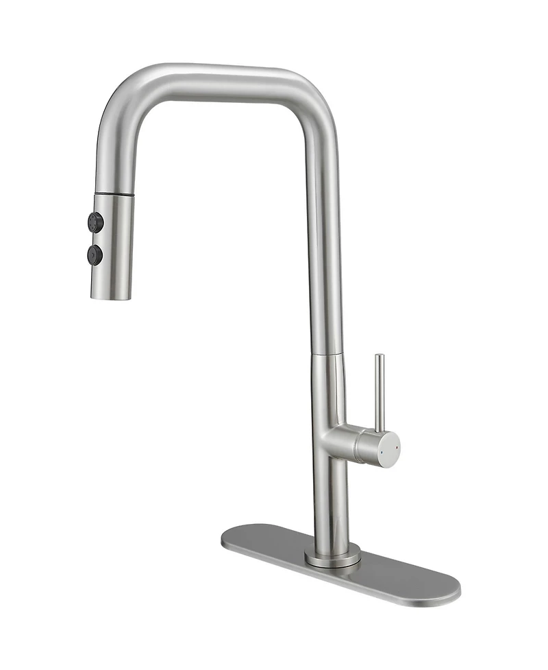 Greenspring Single Handle Pull-Down Sprayer 1 Spray High Arc Kitchen Faucet With Deck Plate in Brushed Nickel