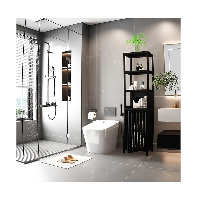 Chic Crate Black Slim Tall Cabinet Shutter Door +3 Tier Shelves | Freestanding Linen Tower | Bathroom/Kitchen/Living Room | Bamboo